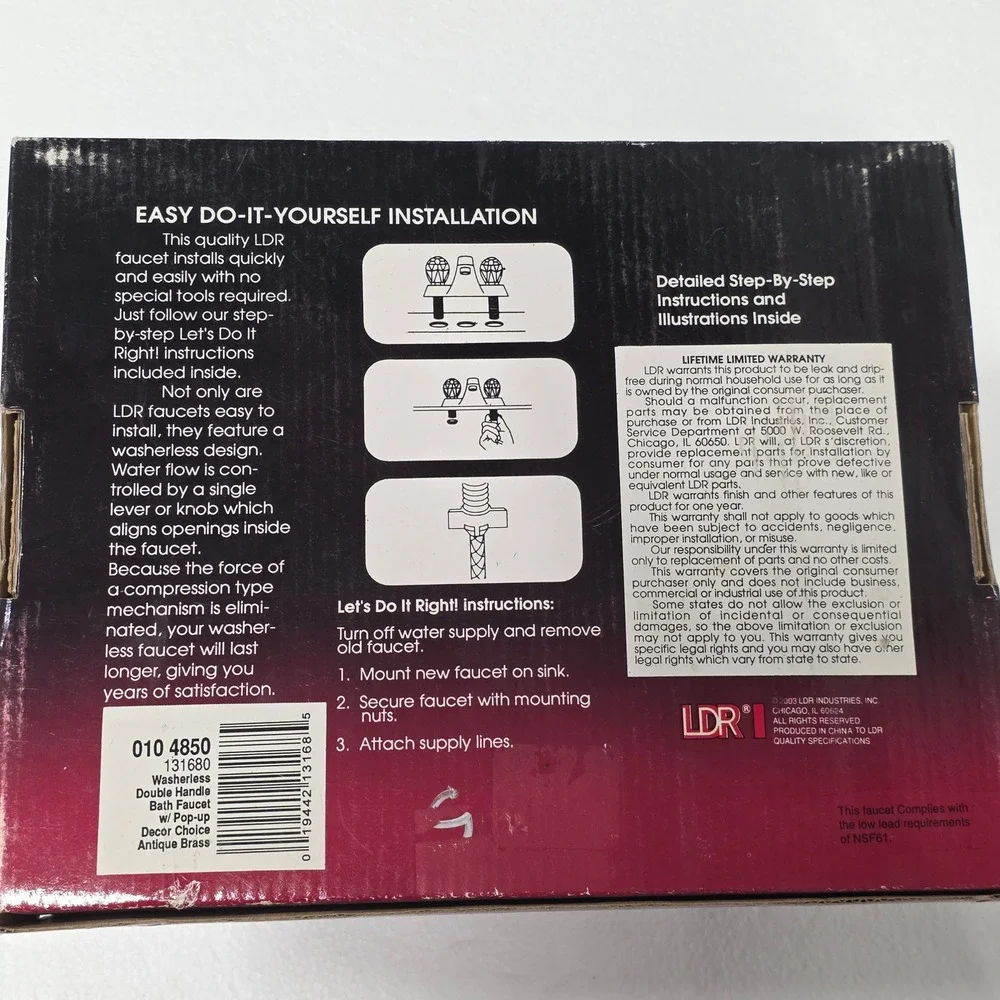 LDR 010 4850 Washerless Double Handle Bathroom Faucet Antique Brass Pop-Up NEW